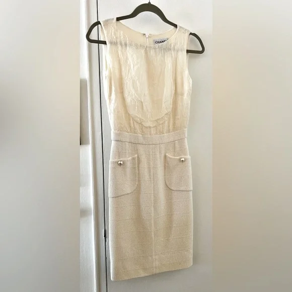 Chanel Ivory Tweed and Crinkle Crepe Dress Fits XS/ 36 - Picture 5 of 10